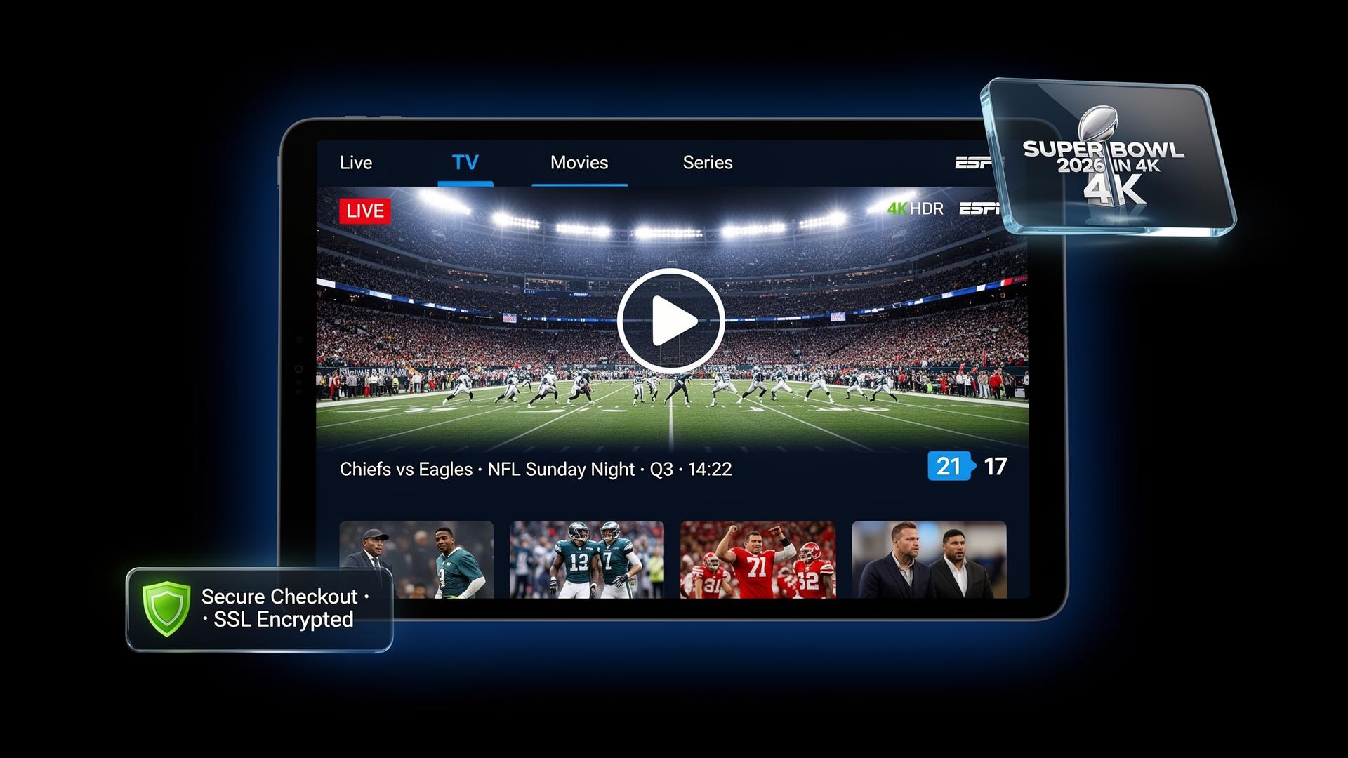 NHL hockey game streaming in 4K on a wall-mounted TV in a modern living room
